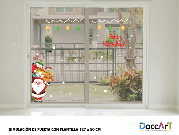 Vinil Navidad Decorativo Feliz Navidad Colorido Santa y Amigos 1.37 CM X 50 CM