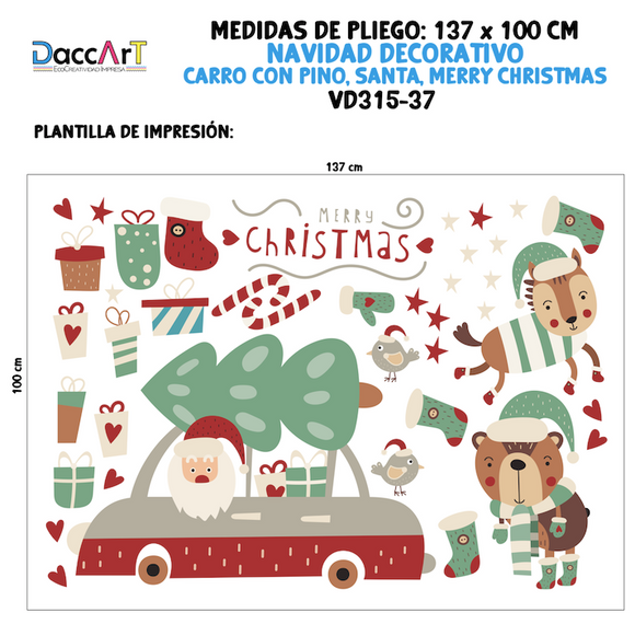 Vinil Navidad Decorativo Carro con Pino, Santa, Merry Christmas