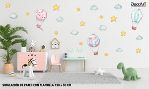 Vinil Decorativo Infantil Globos Aerostáticos  Acuarela, Nubes y Estrellas