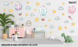 Vinil Decorativo Infantil Globos Aerostáticos  Acuarela, Nubes y Estrellas